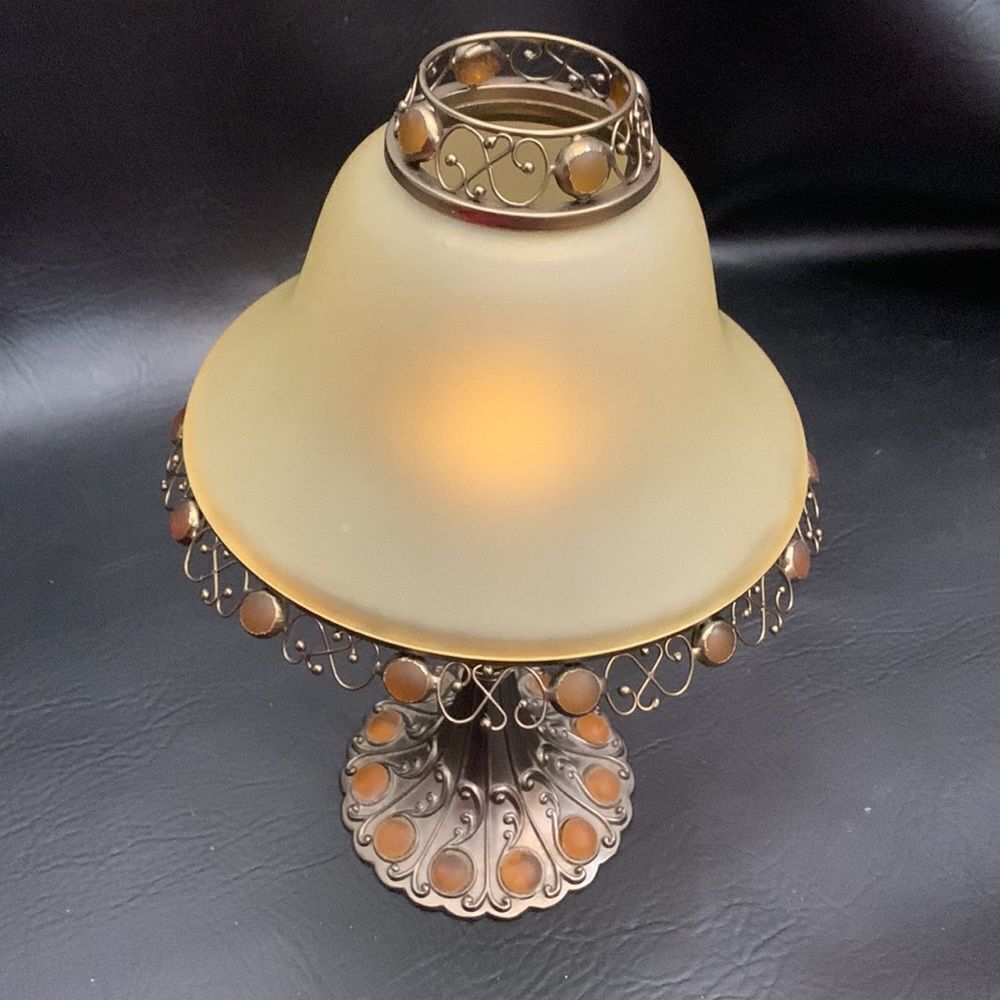 Party Light Votive Holder With Shade Gold Brass Amber Stones 12 1/2 Inches Tall - Picture 4 of 10